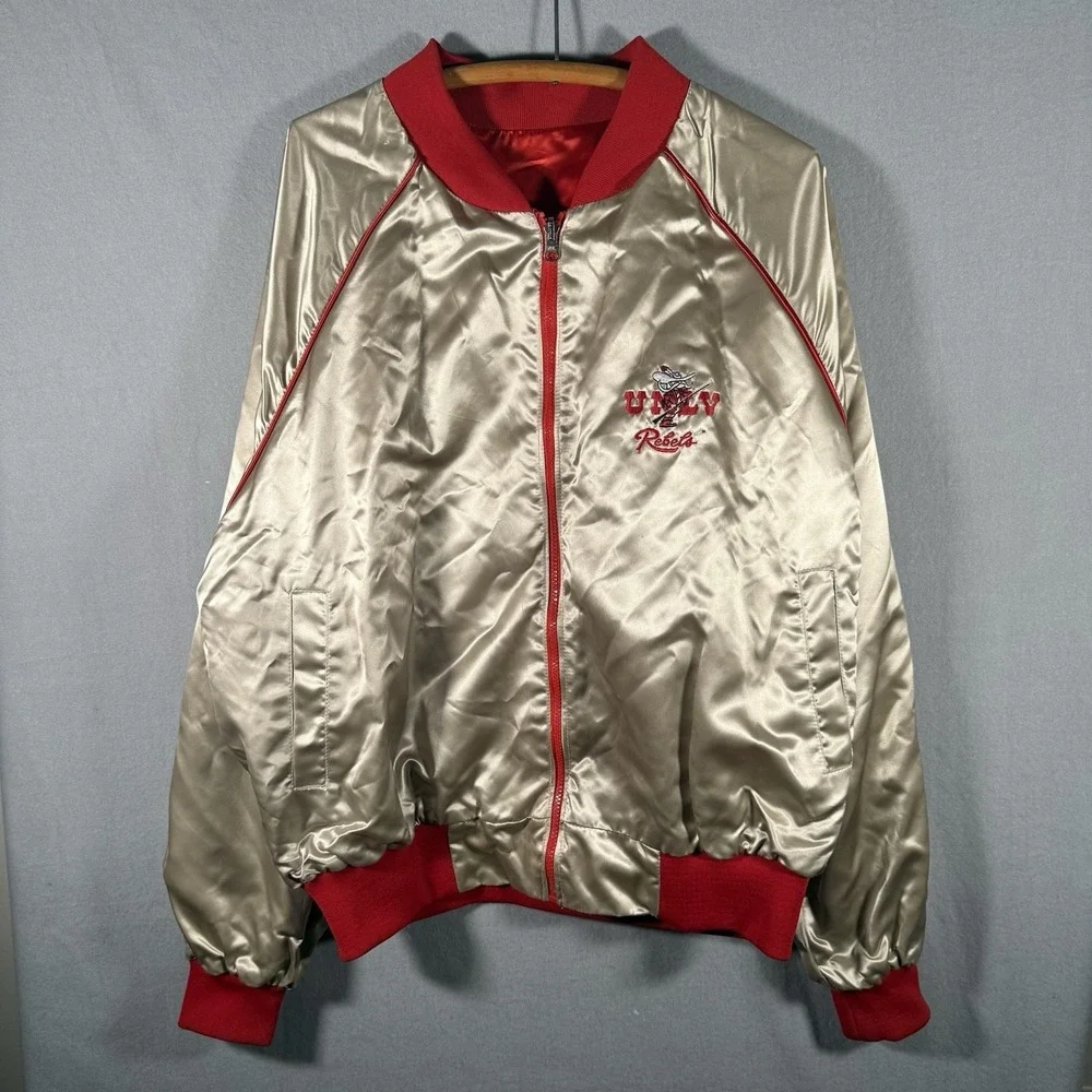 Vintage UNLV Runnin Rebels Reversible Satin Bomber Jacket Red Silver XXL‎